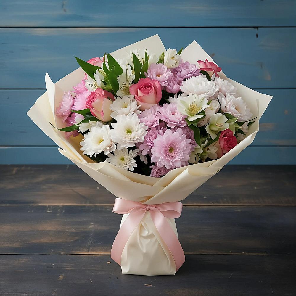 Букет цветов из: Хризантемы, Альстромерии и Розы в Заинске